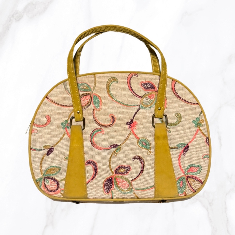 Vintage Embroidered‎ Canvas Dome Purse w/ Suede Handles